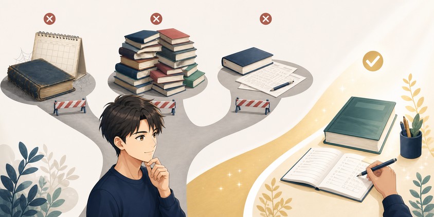 行政書士の独学テキストでよくある3つの失敗と改善のイメージ