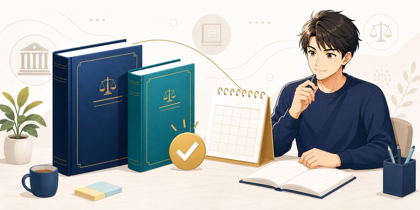 行政書士の独学テキストと問題集をセットで使うイメージ