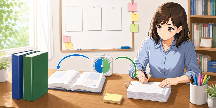 テキストを読む時間と問題を解く時間を1セットにする女性