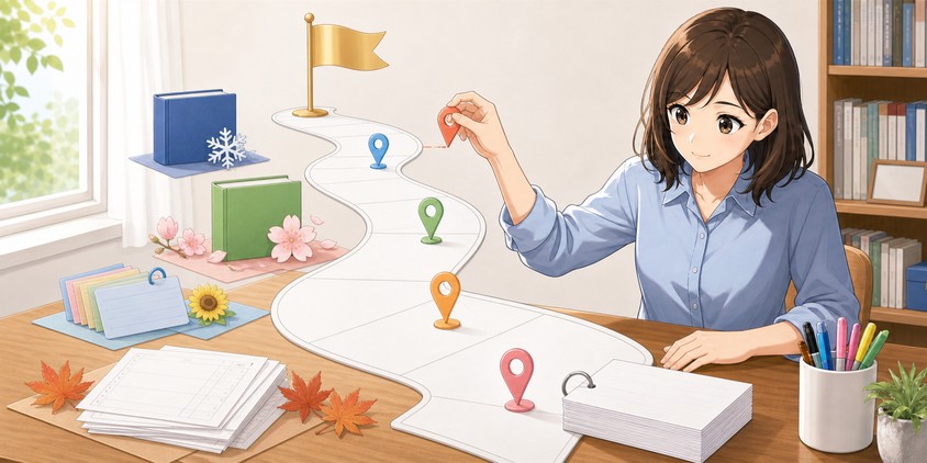 試験日から逆算して月別の学習計画を立てる女性