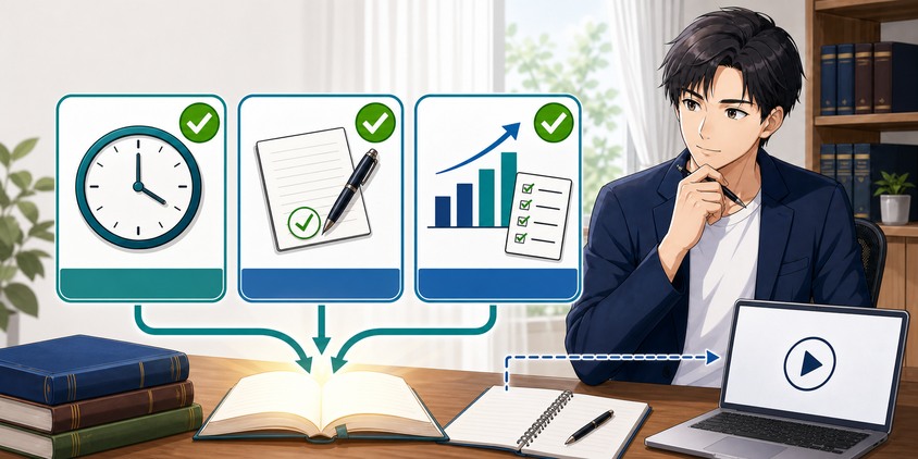 学習時間・記述式への対処・進捗管理の3条件から独学で十分かを判断する男性