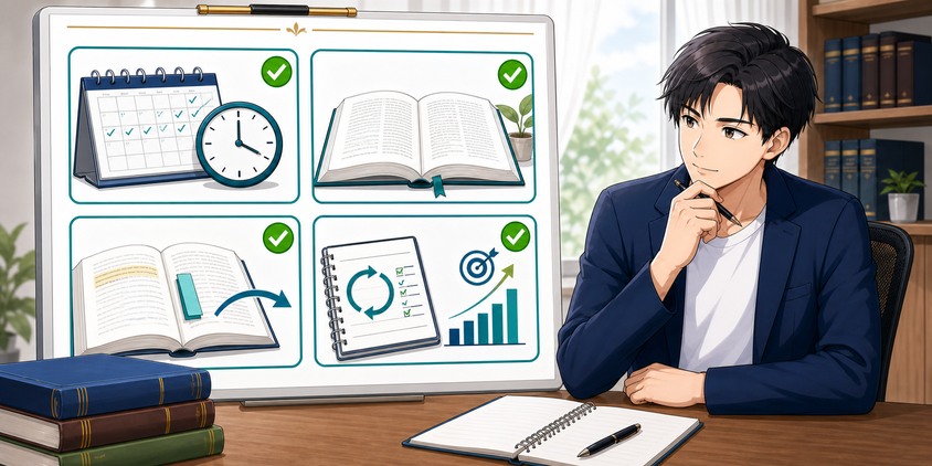 行政書士を独学で目指しやすい時間・条文・進め方・記録の4条件を確認する男性