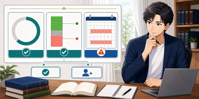 正答率・実学習時間・学習停止期間の3指標で独学継続を判定する男性