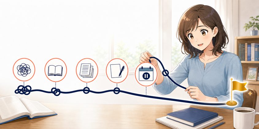 行政書士の独学でつまずく箇所を特定し、解決への道筋を整える女性
