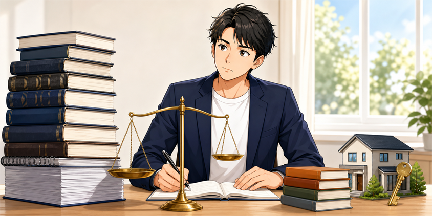 行政書士と宅建の独学負荷を天秤で比較する男性