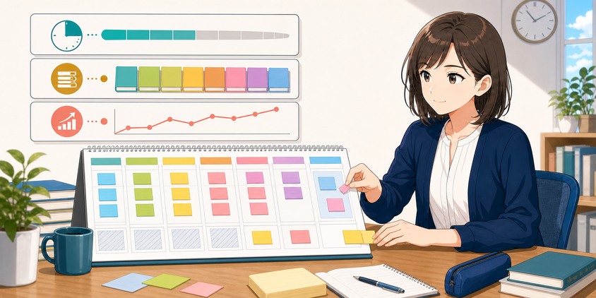 週単位の学習計画と時間・章数・正答率の3指標を管理する女性