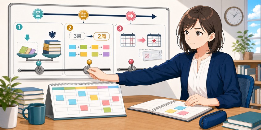 学習の遅れを調整する科目範囲・周回数・受験年度の3つの方法を選ぶ女性