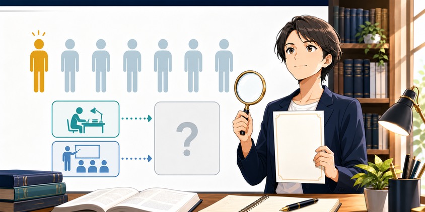 受験者約7人に1人が合格する一方で独学者の割合は不明だと確認する女性