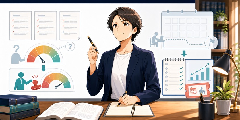 記述式の自己採点と学習継続という独学の2つの難所を整理する女性