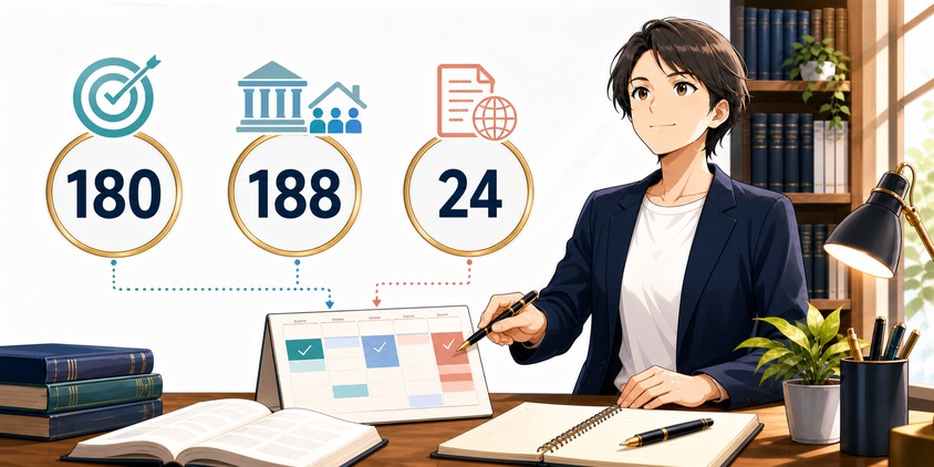 独学の学習計画に使う180点・188点・24点の3つの数字を確認する女性