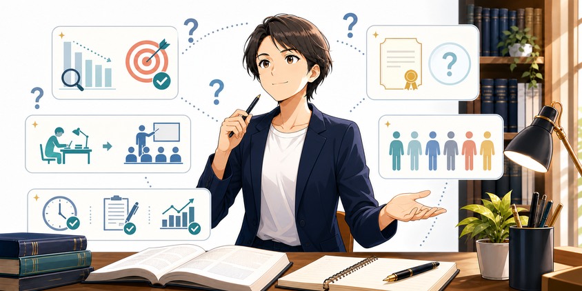 行政書士の独学合格に関するよくある質問をデータで整理する女性