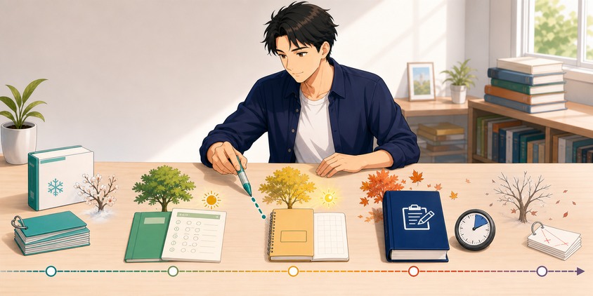 学習時期ごとに使う問題集を冬から直前期まで順番に確認する男性