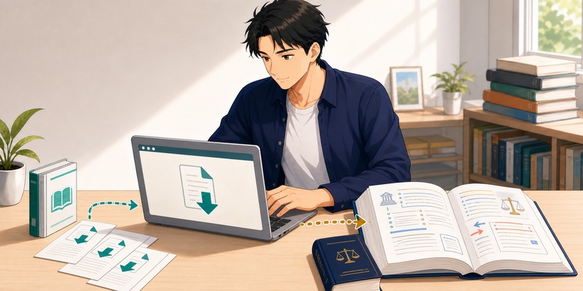 公式の無料過去問PDFと解説付き市販問題集を併用する男性