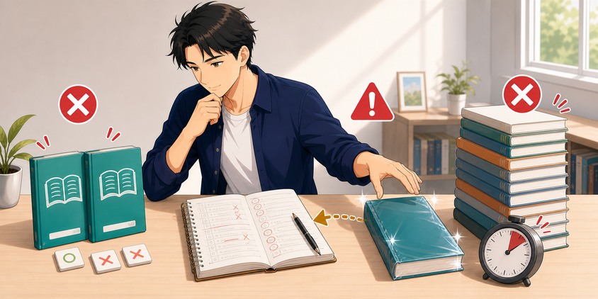 問題集選びで起こりやすい三つの失敗を確認して復習を優先する男性