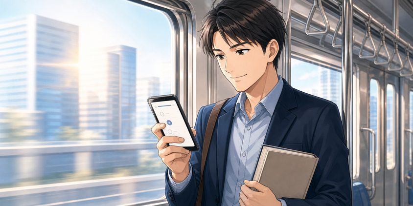 通勤のスキマ時間にスマホで行政書士の一問一答を学ぶ男性