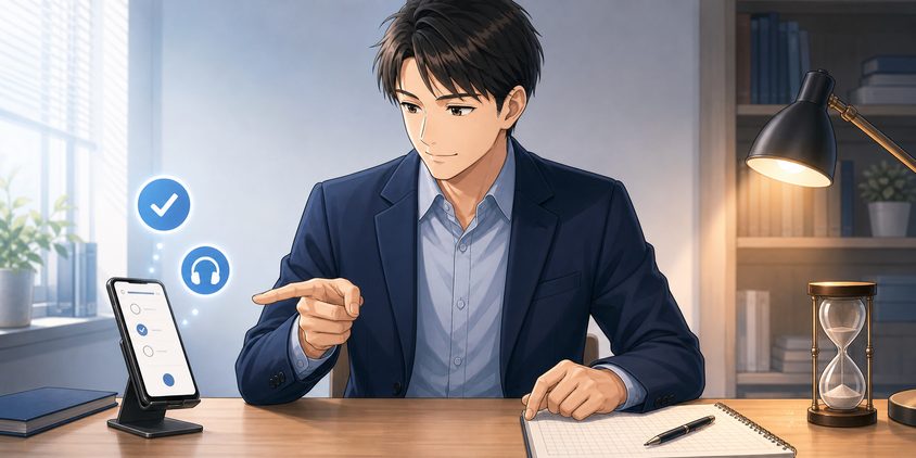 行政書士学習でアプリと紙の教材を使い分ける男性