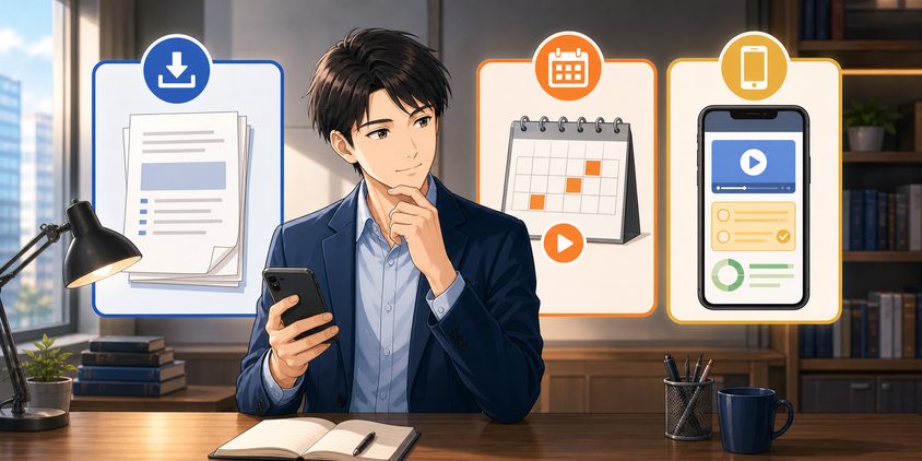 行政書士の独学アプリ3タイプを比較する男性