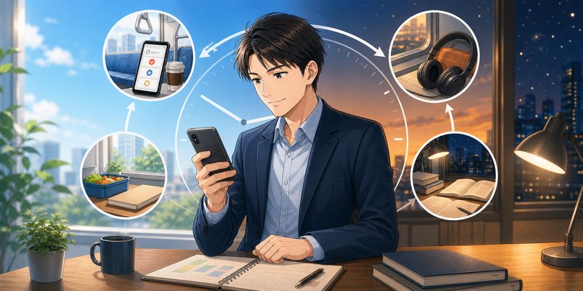 時間帯ごとにスマホ学習を使い分ける男性