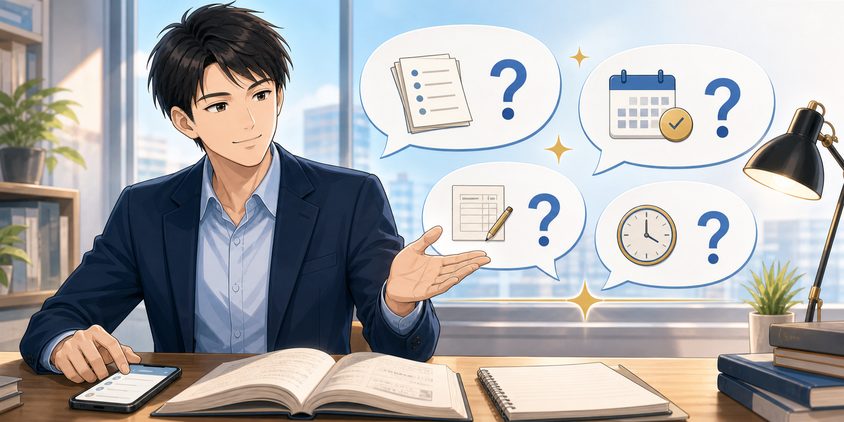 行政書士の独学アプリに関する疑問を整理する男性