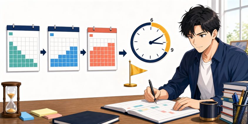 行政書士試験の独学3ヶ月で1日6〜9時間を確保する学習計画を立てる男性