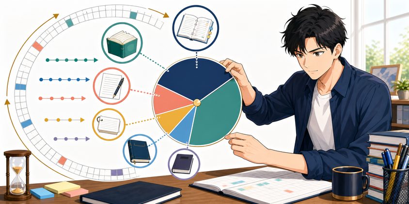 行政書士試験の科目別学習時間を3ヶ月に配分する男性
