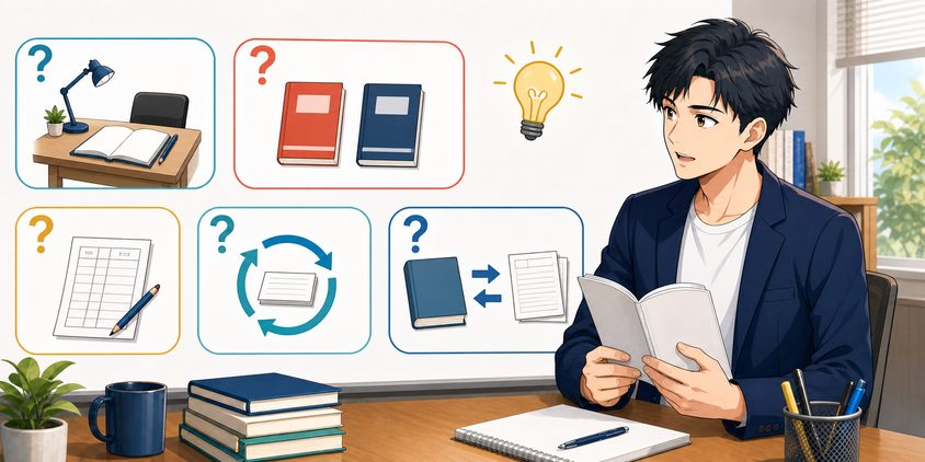 行政書士の独学と過去問に関するよくある質問を確認する男性