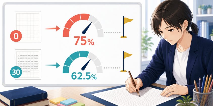 記述式を捨てた場合の択一75％と30点確保時の62.5％を比較する女性