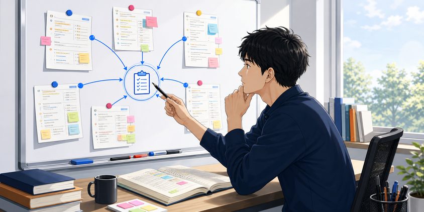 複数の独学合格体験記から共通する勉強法を分析する男性