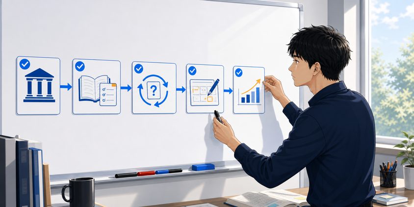 合格体験記に共通する5つの学習パターンを整理する男性