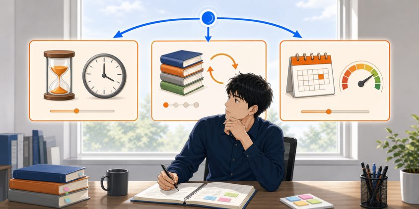 合格体験記でばらつく勉強時間・教材・年度を比較する男性