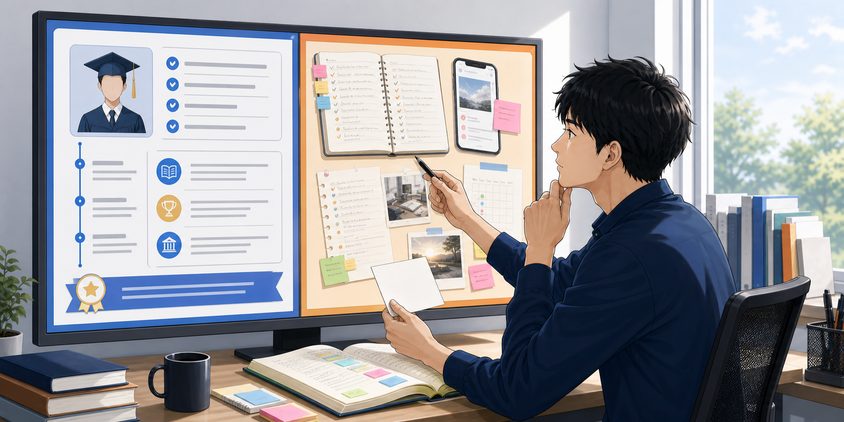 講座サイトと個人ブログの合格体験記を比較する男性
