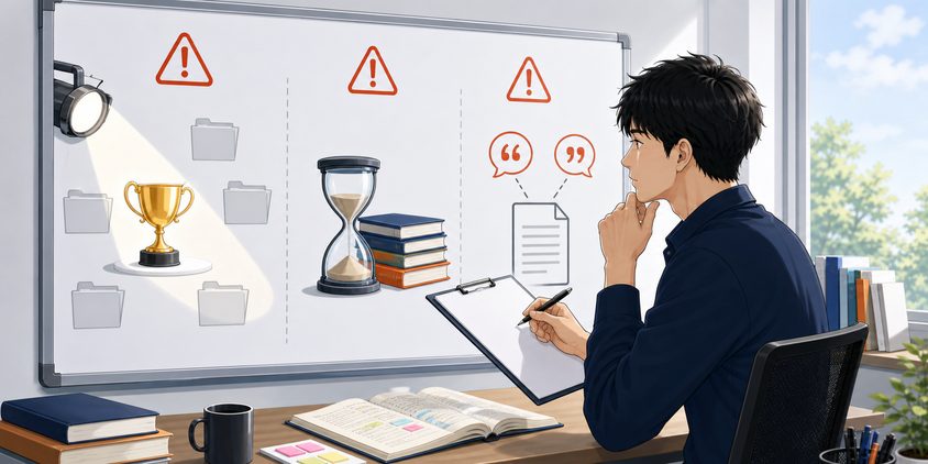 合格体験記を読む際の3つの注意点を確認する男性
