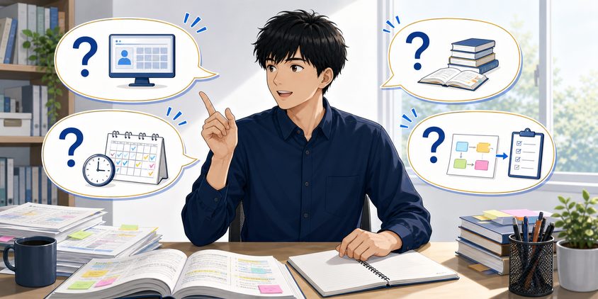 行政書士の独学合格体験記に関する疑問を整理する男性