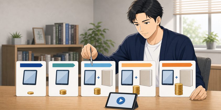 スタディング行政書士講座のコース構成と料金を比較する男性
