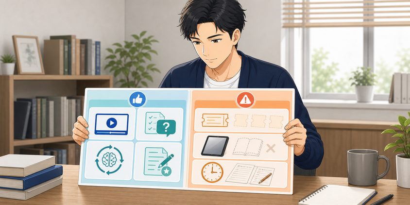 独学者から見たスタディングの良い点と注意点を比較する男性