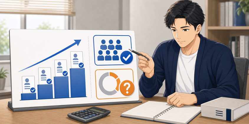 スタディングが公表する合格者数と合格率の違いを確認する男性