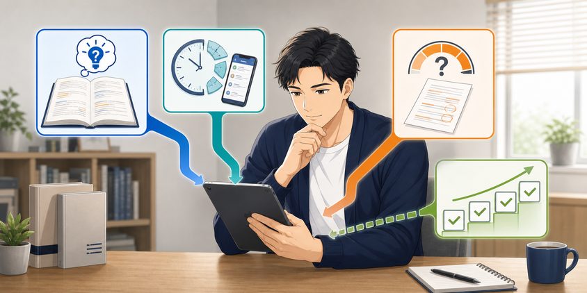 独学にスタディングを追加すべきか判断基準を確認する男性