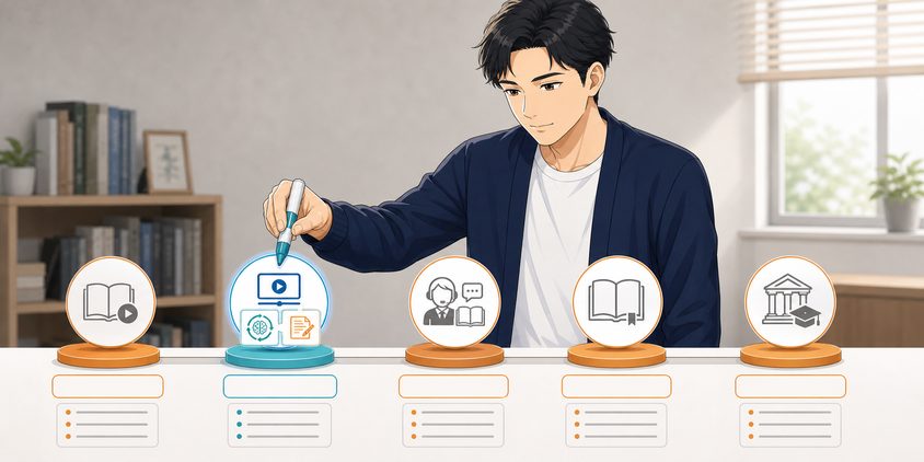 行政書士講座5社の価格帯と役割を比較する男性