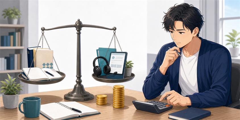 独学とクレアール行政書士の費用差を計算する男性