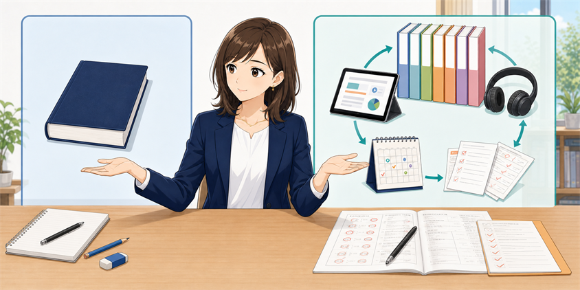 市販テキスト独学とフォーサイトの学習内容を比較する女性