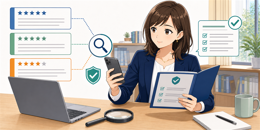 フォーサイト行政書士の評判と口コミの確認先を調べる女性