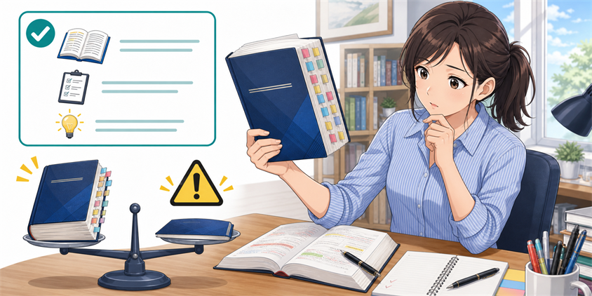伊藤塾の行政書士テキストを独学で使う分量を確認する女性