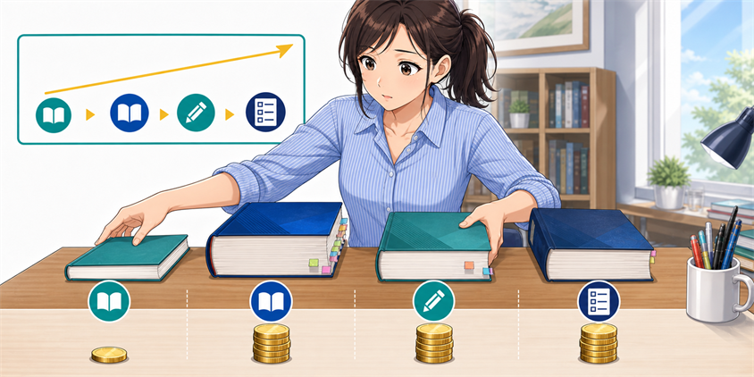 伊藤塾行政書士テキストシリーズのラインナップと価格を整理する女性