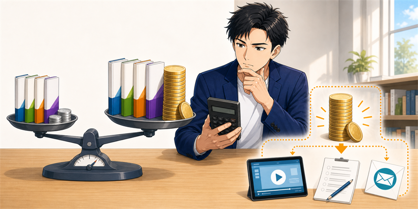 市販書籍だけを買う場合と独学道場の費用差を確認する男性