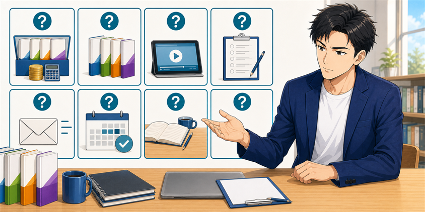 TAC行政書士独学道場のよくある質問を整理する男性