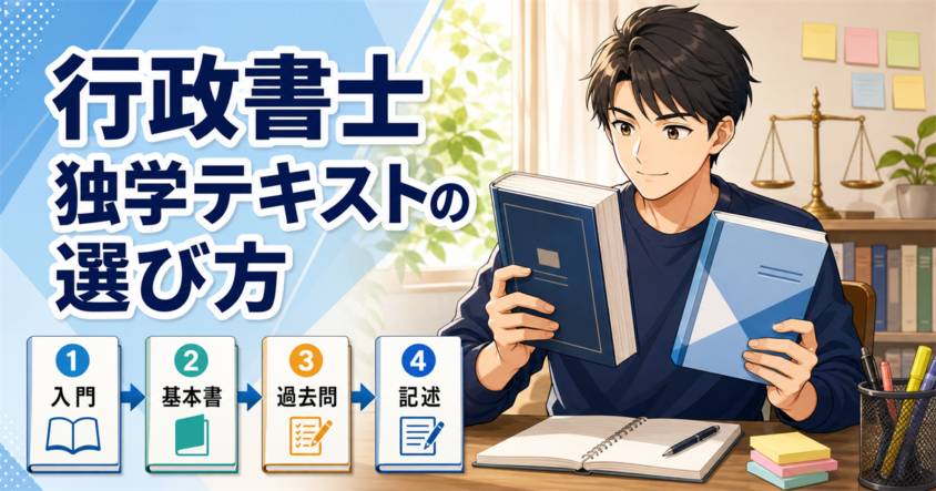 行政書士の独学テキストを選ぶ受験生と学習手順のイラスト