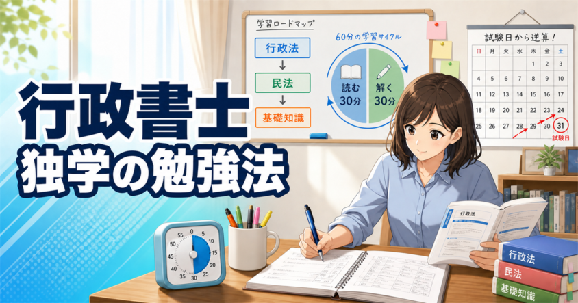 行政書士の独学勉強法を実践する受験生と科目順・学習サイクルのイラスト