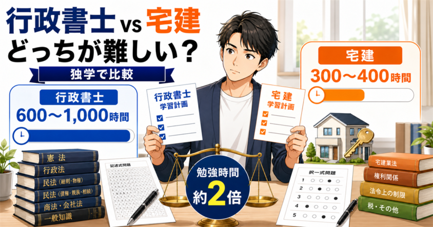 行政書士と宅建の独学勉強時間と出題形式を比較するイラスト