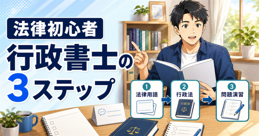 法律初心者が行政書士の独学を始める3ステップのイラスト