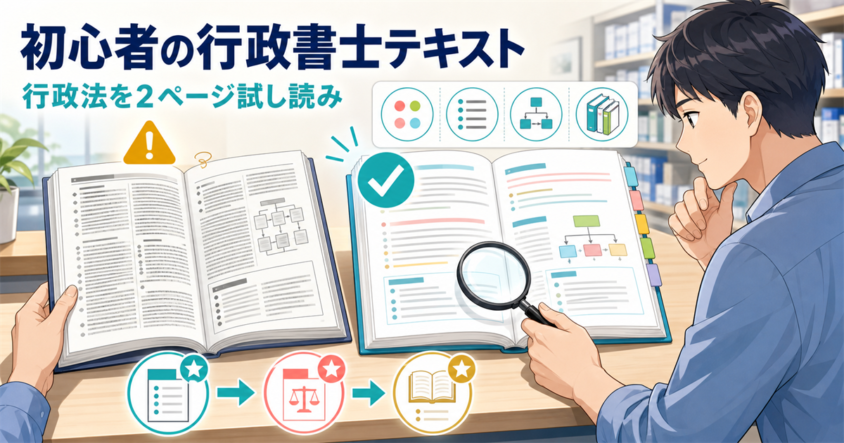 行政法の見開き2ページを試し読みして初心者向けテキストを比較する学習者